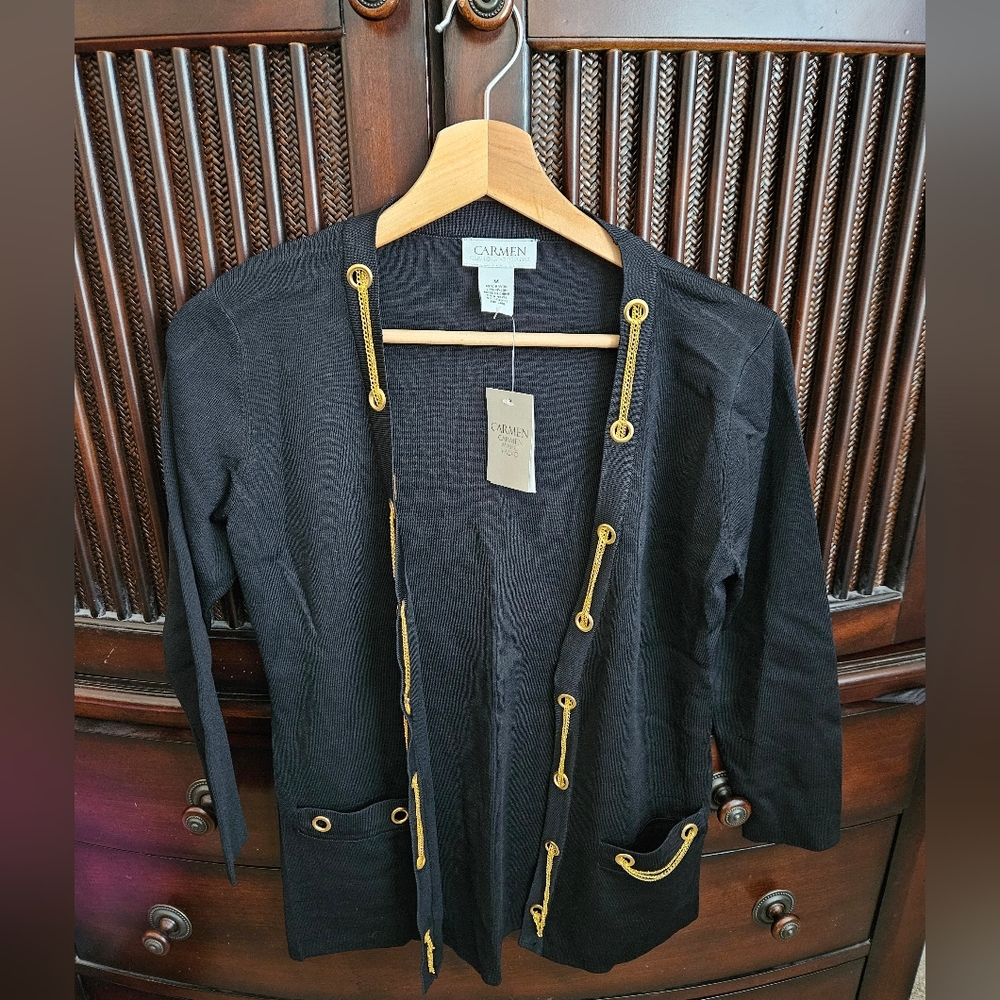 Carmen Marc Valvo Black And Gold Cardigan M Nwt